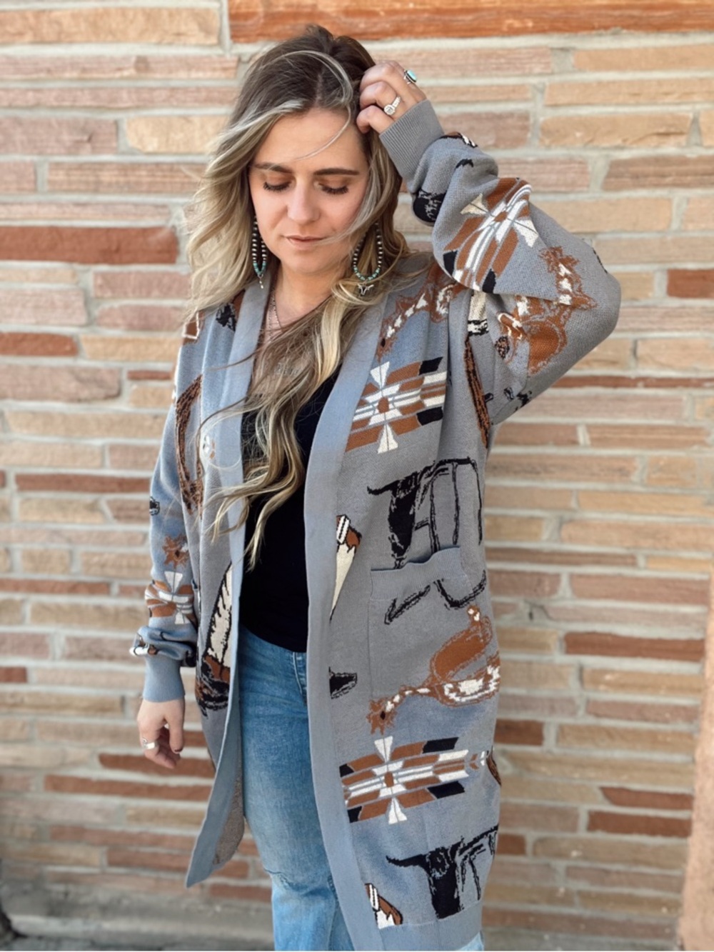 Long Open-Front Southwestern Pattern Cardigan - Gray & Brown